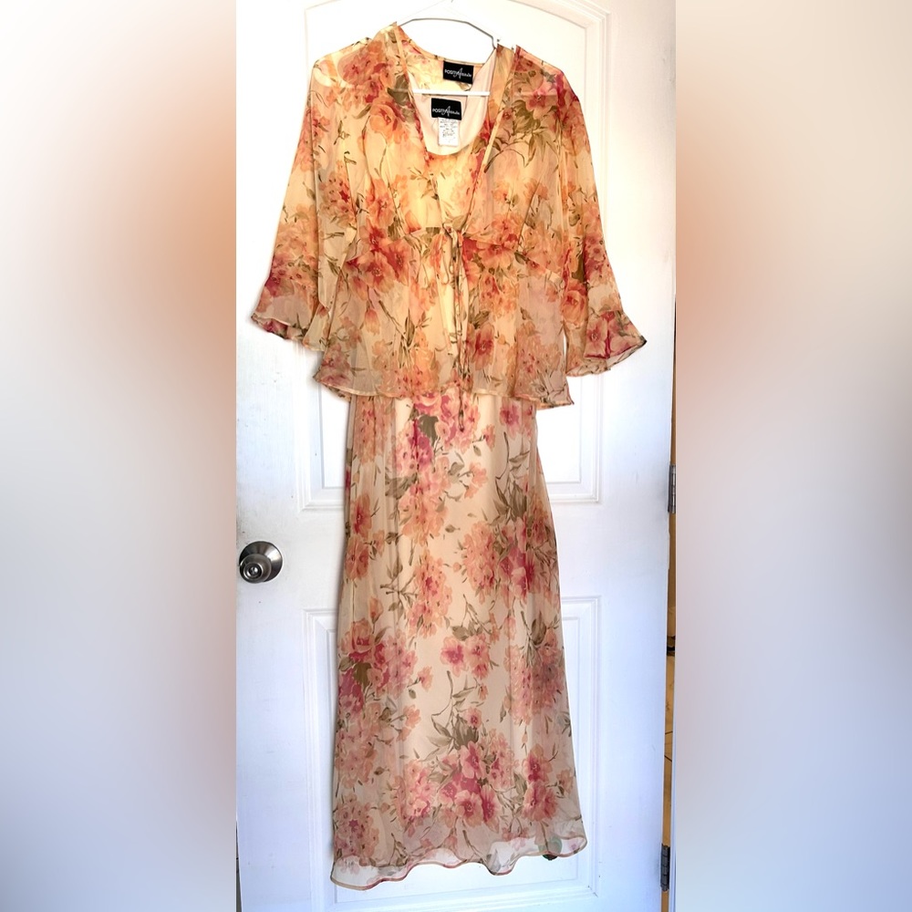 Vintage Modest Positive Attitude 2 Piece Peach flower dress size 12